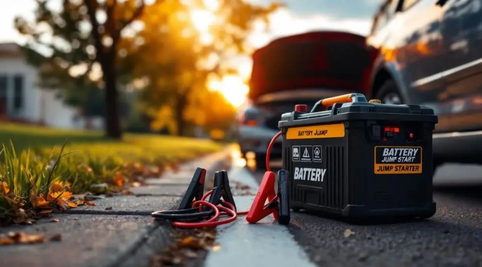 A Bro's Towing technician using a professional booster pack to jump start a car in San Antonio.