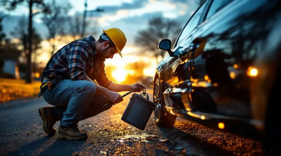 A professional Bro's Towing technician using specialized lockout tools to safely unlock a sedan in San Antonio at dusk.