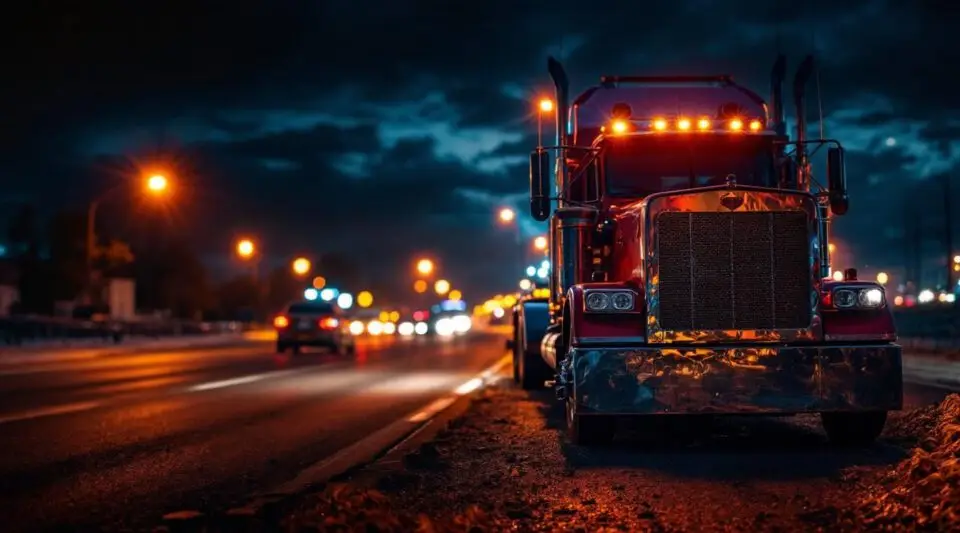 A Bro's Towing flatbed truck with amber safety lights assisting a disabled vehicle on the San Antonioway at night in San Antonio.