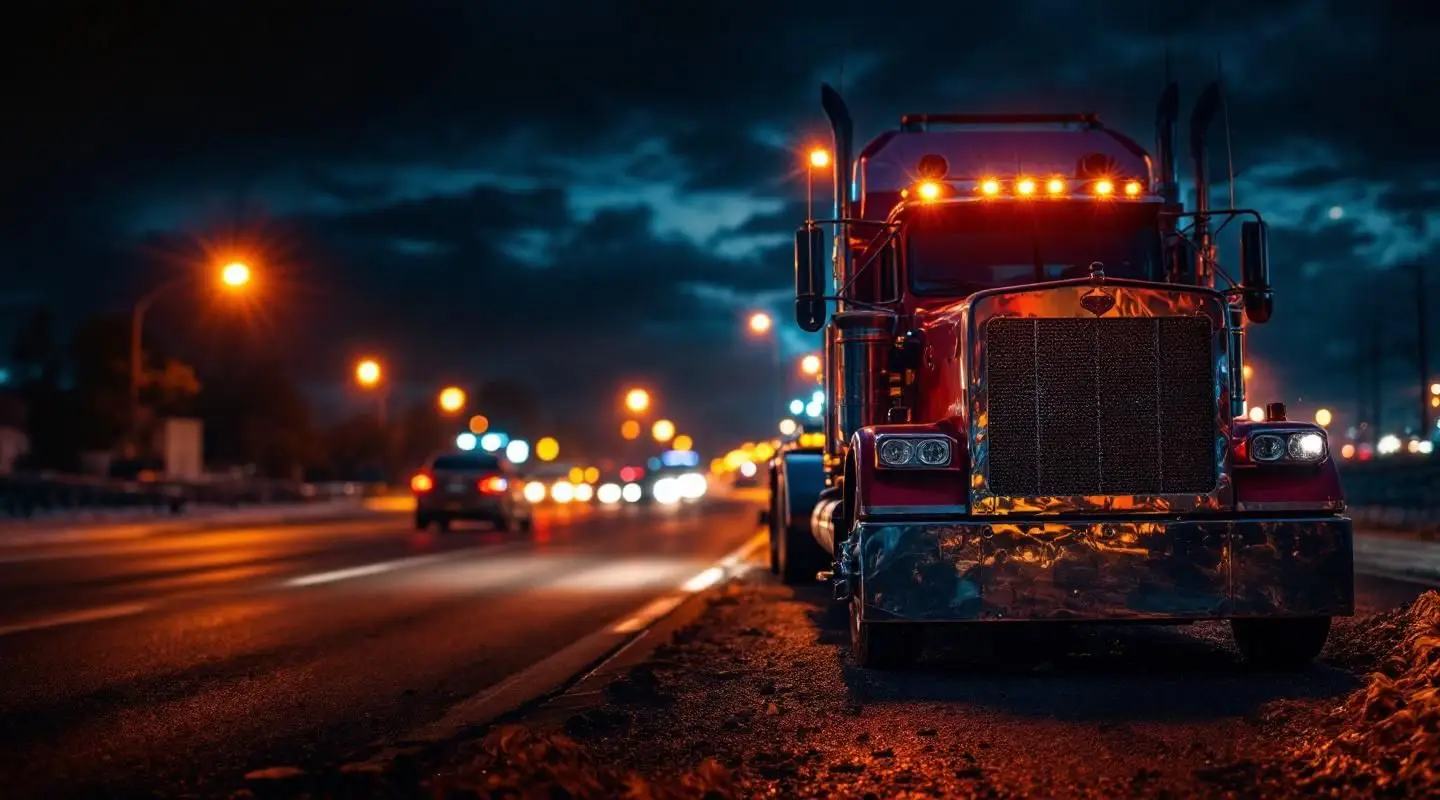 A Bro's Towing flatbed truck with amber safety lights assisting a disabled vehicle on the San Antonioway at night in San Antonio.