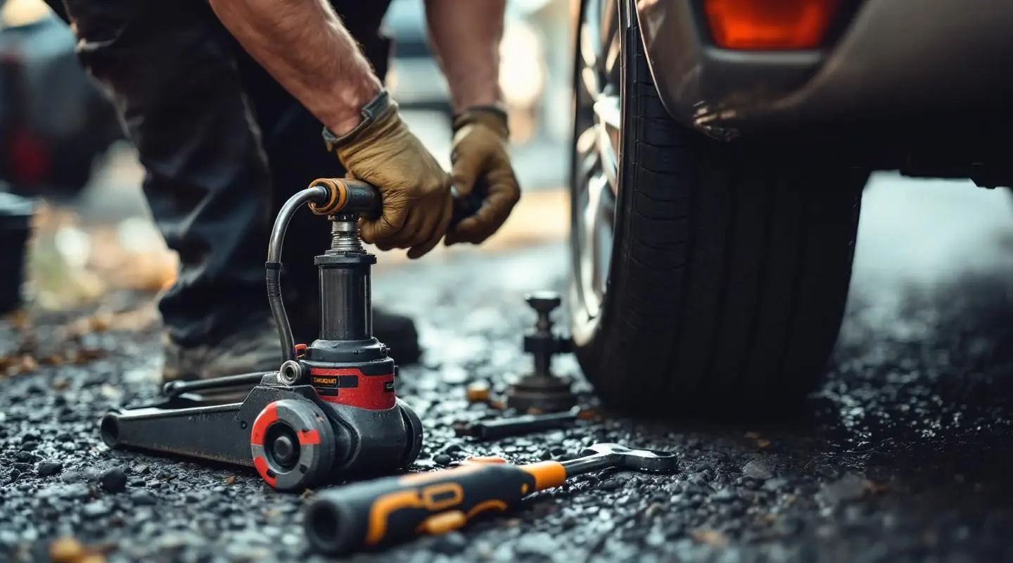 A professional Bro's Towing technician using a floor jack to change a flat tire on a busy San Antonio roadside at dusk.