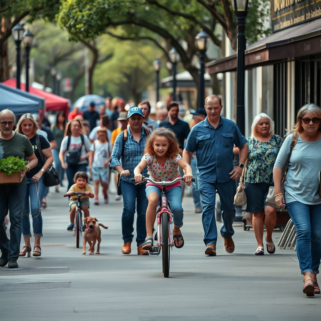 Historic buildings and vibrant activity in Old Town Helotes, Texas, with people strolling along the sidewalks and classic Texas architecture.