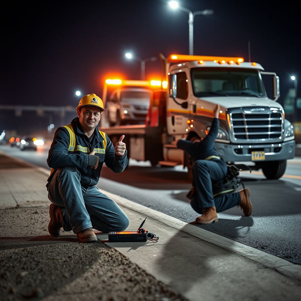 A professional tow truck operator from Bro's Towing securing a vehicle onto a flatbed, with the Seguin city limits sign visible in the distance.