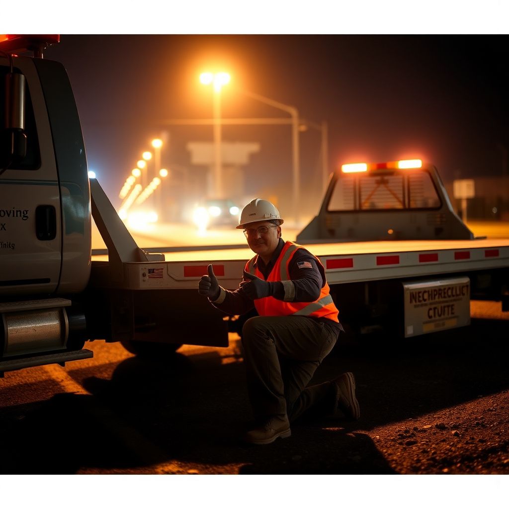Bro's Towing technician in uniform, giving a thumbs-up next to a modern tow truck on a clear day in Lytle, Texas.