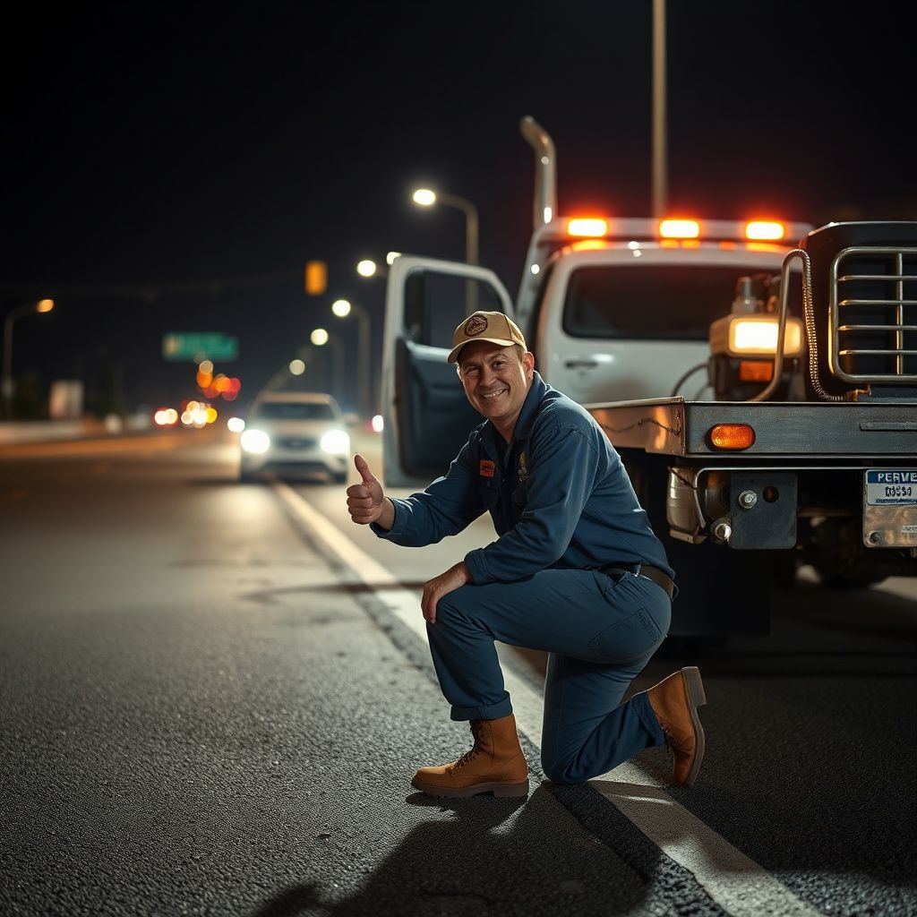 A Bro's Towing professional smiling next to a modern tow truck in a well-maintained Schertz neighborhood, conveying trust and reliability.