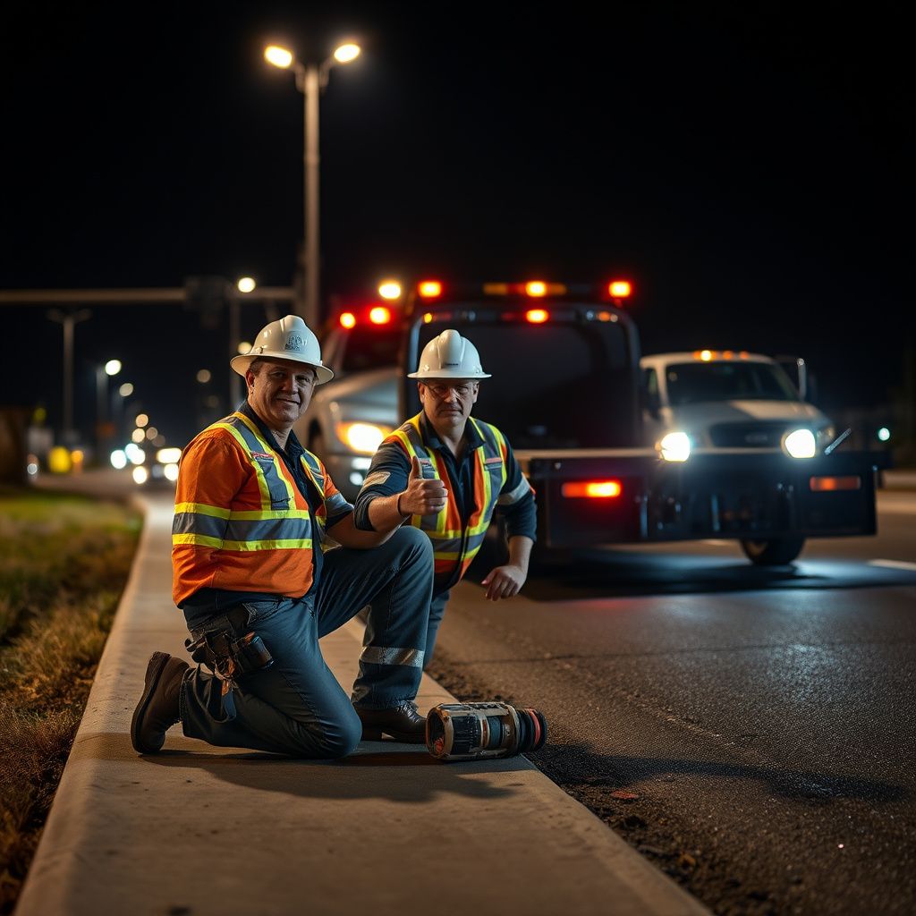 A Bro's Towing operator assisting a driver with a tire change on a well-lit street in New Braunfels, Texas at night.
