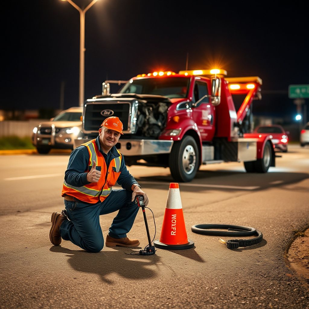 Bro's Towing professional tow truck operator smiling after successfully assisting a motorist on a sunny road in Pleasanton, Texas, with a modern tow truck.