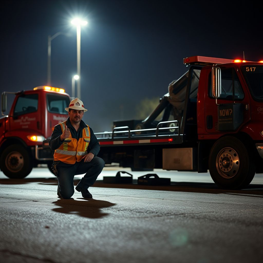 A Bro's Towing professional smiling while securing a vehicle onto a flatbed truck on a sunny day in Floresville, Texas.