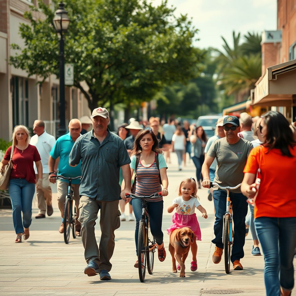 A bustling scene at a local community festival in Converse, Texas, with families enjoying food trucks and live music in a city park under a warm Texas sky.