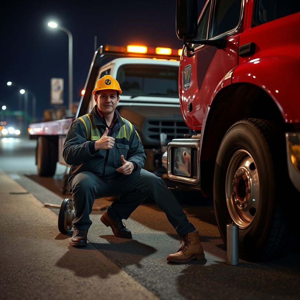 A professional tow truck operator from Bro's Towing smiling while securing a vehicle onto a flatbed tow truck on a sunny day in Converse, Texas.