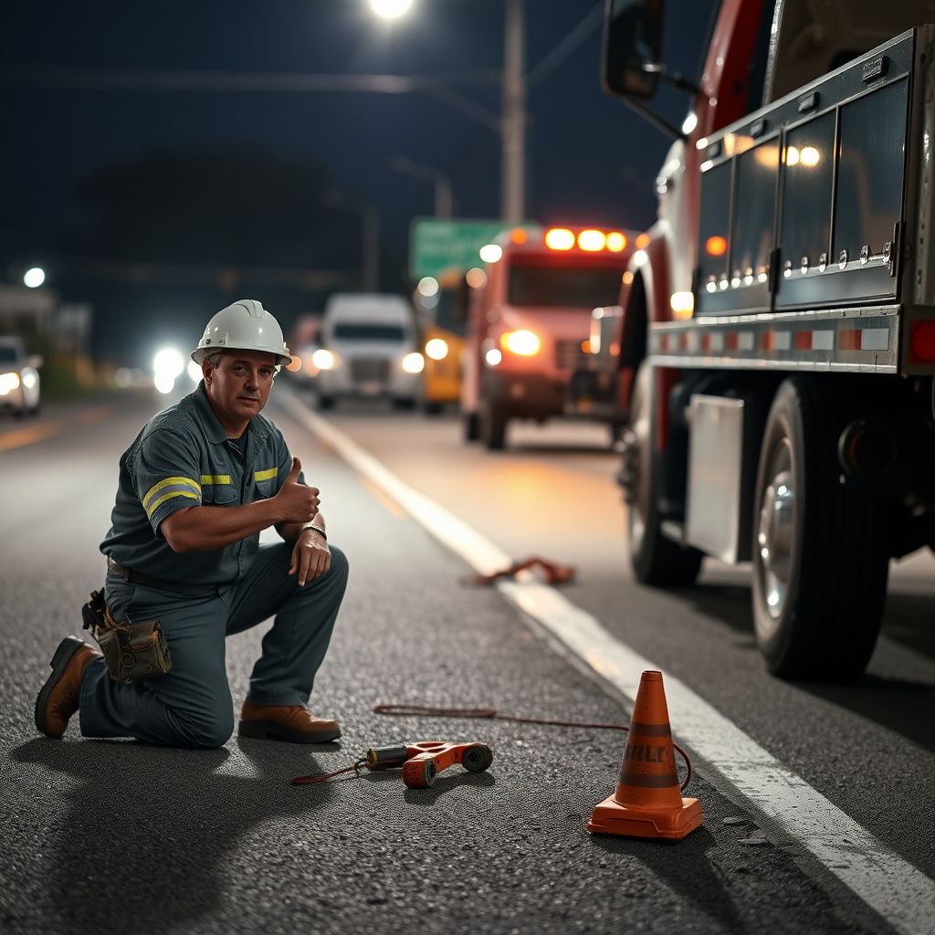 A Bro's Towing technician safely securing a vehicle onto a flatbed tow truck on a Boerne street at dusk.